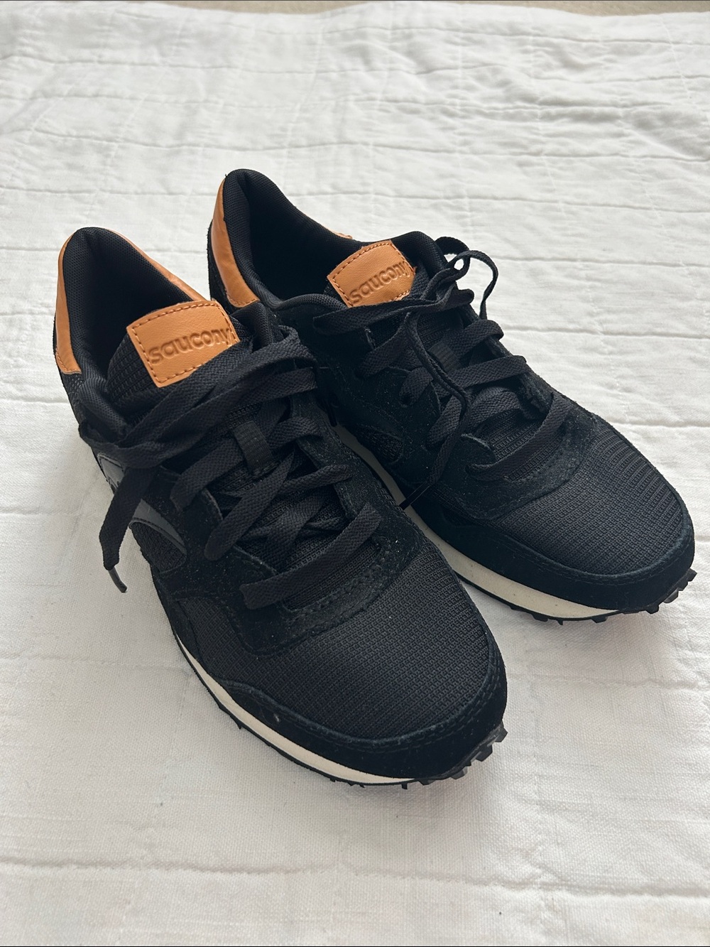 Saucony Black Sneakers with Tan Heel Accents NWOT
